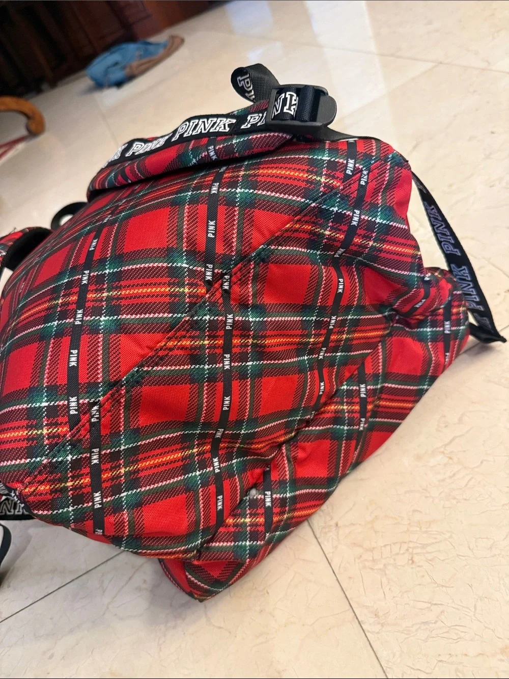 PINK Victoria's Secret Red Tartan Plaid Backpack with Black Trim NEW WITHOUT TAG